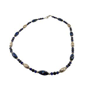 Handmade Black Blue Lampwork Glass Bead Necklace Silver Accents Boho Jewelry